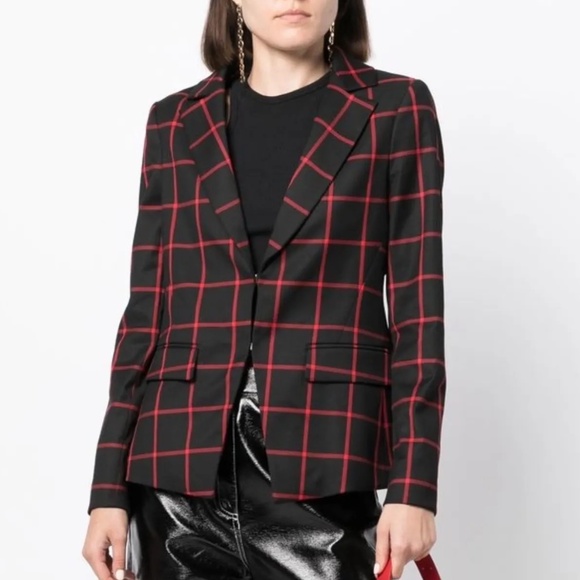ALICE + OLIVIA 'Mya' Black & Red Grid Print Plaid Blazer SIZE: 0/XS - Picture 1 of 9